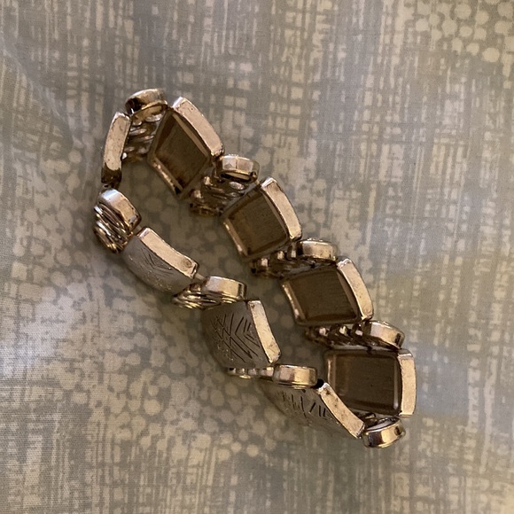 Silver Stretch Bracelet With Rectangular Etched Bars & Curly Bohemian Design - Picture 3 of 7